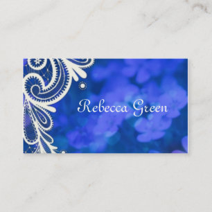modern elegant sapphire blue and white lace business card