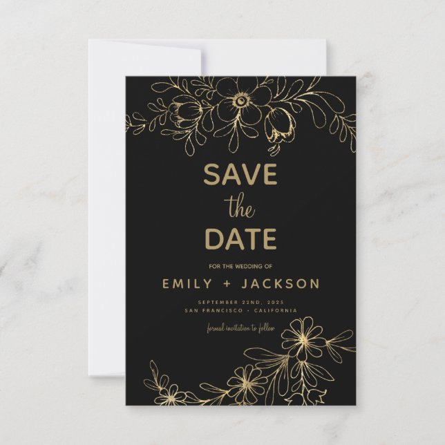 Modern Elegant Save the Date Black Gold Floral (Front)