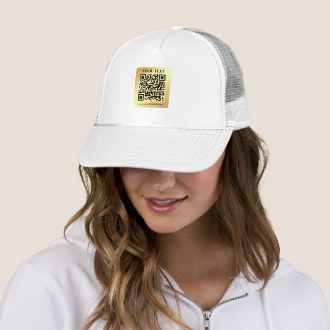 Modern Elegant Scan Me QR Code Template Gold White Trucker Hat (In Situ)