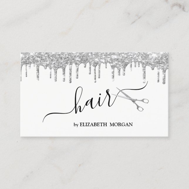 Modern Elegant Scissors Silver Glitter Drips   Business Card (Front)