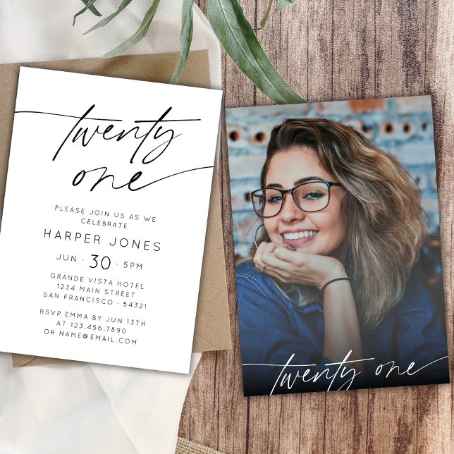 Modern Elegant Script 21st Birthday Party Photo Invitation (Creator Uploaded)