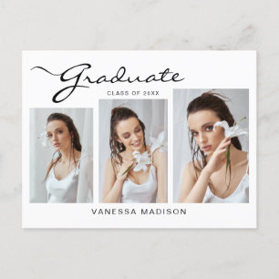 Modern Elegant Script 3 Photo Grad Announcement Postcard