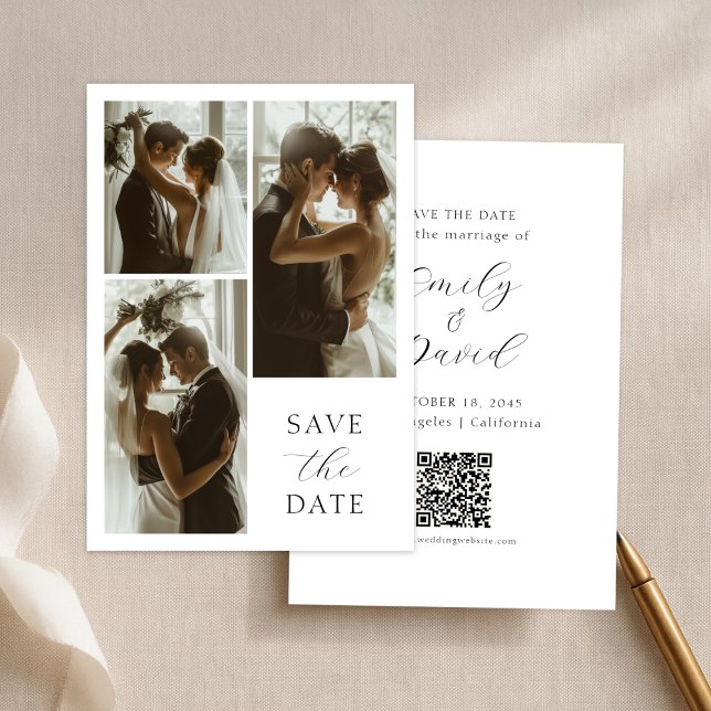 Modern Elegant Script 3 Photo Minimalist Wedding Save The Date (Creator Uploaded)