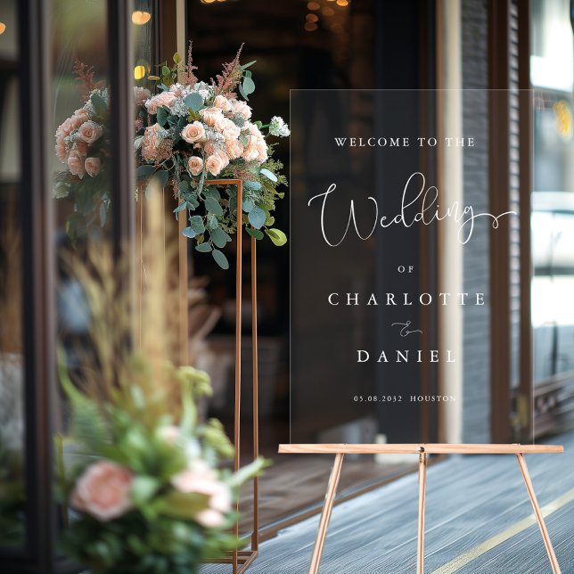 Modern, Elegant, Script, Acrylic Sign (Personalized WELCOME! Elegant, ,Transparent, Wedding Acrylic Sign with your name and date)