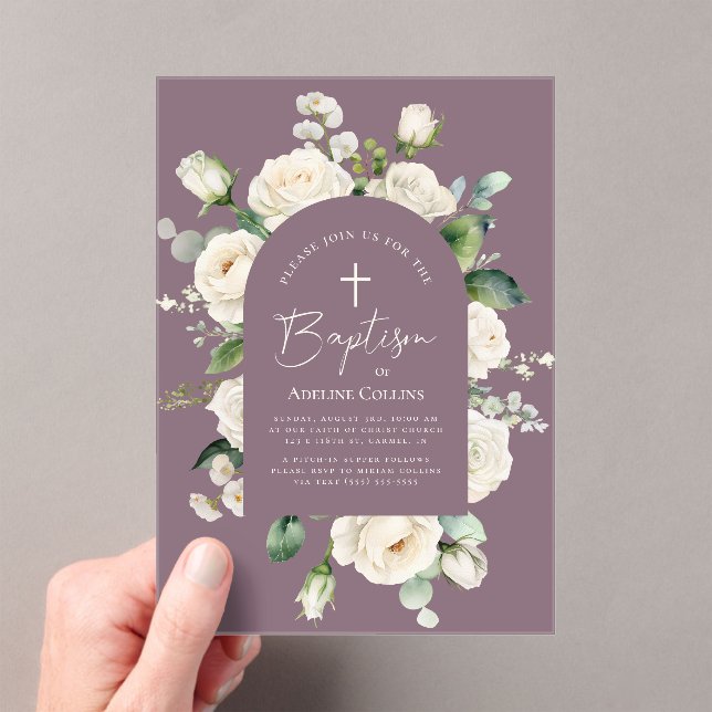 Modern Elegant Script Aged Lavender Baptism Acrylic Invitations (Insitu (Handheld))