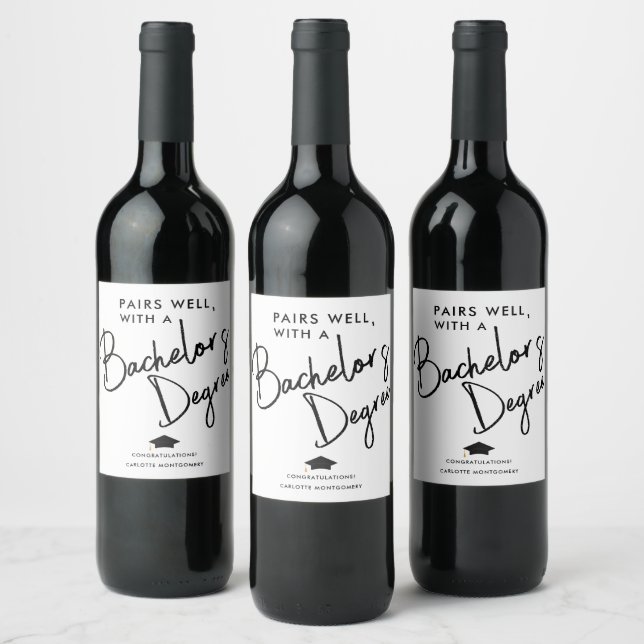 Modern Elegant Script Bachelor's Degree Graduate Wine Label (Bottles)