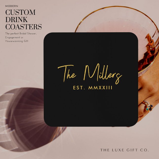 Modern Elegant Script Black and Gold Monogram Coaster (Creator Uploaded)