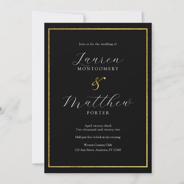 Modern Elegant Script Black and Gold Wedding Invitation (Front)