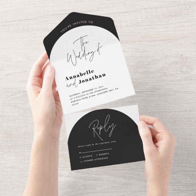 modern elegant script black and white arch wedding all in one invitation (Tearaway)