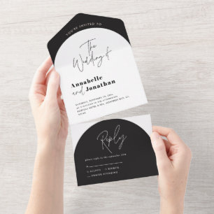 modern elegant script black and white arch wedding all in one invitation