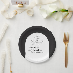 modern elegant script black and white arch wedding paper plate