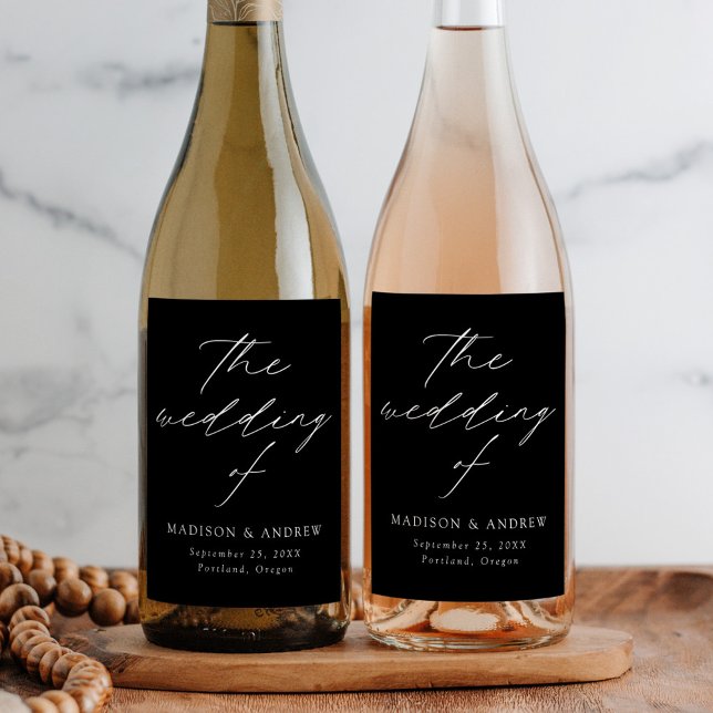 Modern Elegant Script Black and White Wedding Wine Label (Creator Uploaded)