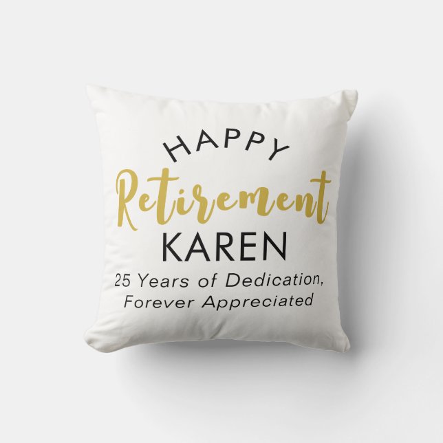 Modern Elegant Script Black Gold Happy Retirement Throw Pillow (Front)