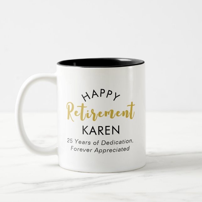 Modern Elegant Script Black Gold Happy Retirement Two-Tone Coffee Mug (Left)