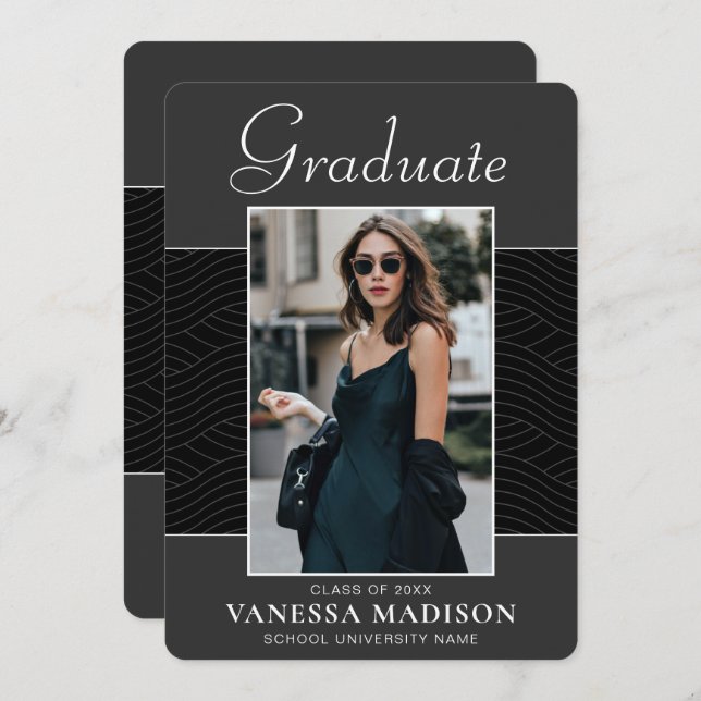 Modern | Elegant Script Black Grey 1 Photo Grad Announcement (Front/Back)