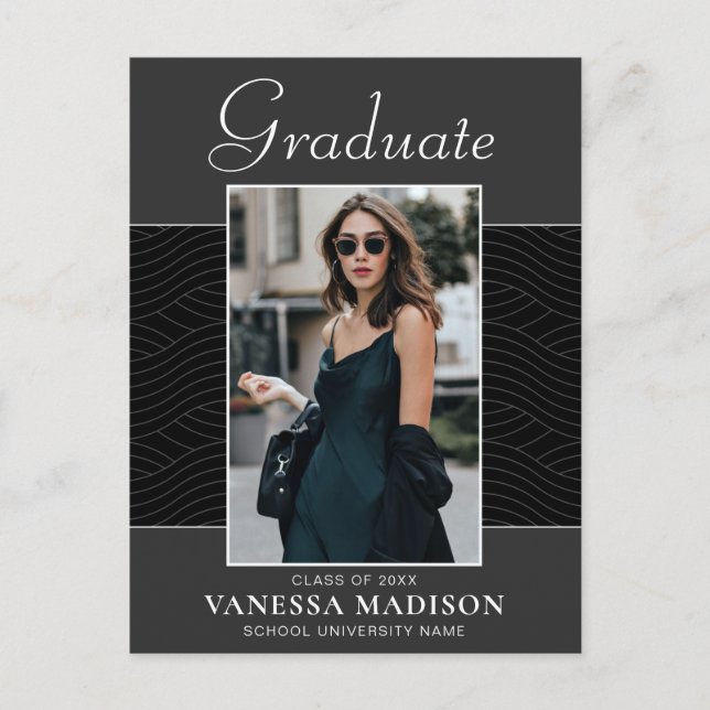 Modern | Elegant Script Black Grey 1 Photo Grad Postcard (Front)