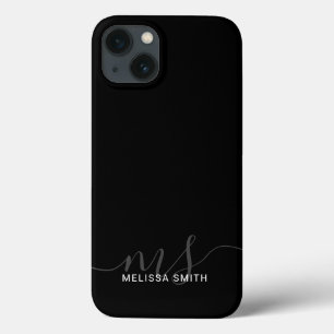 Modern Elegant Script Black Initial Monogram iPhone 13 Case