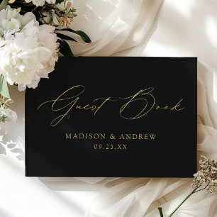Modern Elegant Script Black Photo Wedding Guest Book