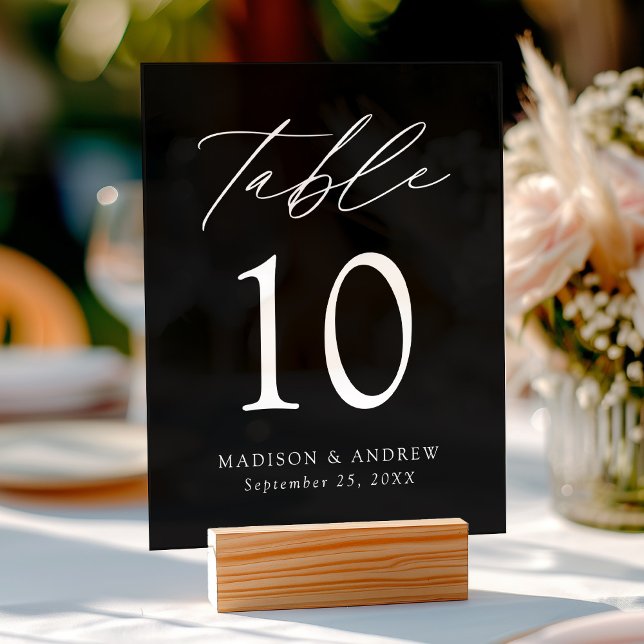 Modern Elegant Script Black Wedding Table Number Acrylic Sign (Please note: The wooden stand does not come with the sign. Zazzle sells a wood block stand.)