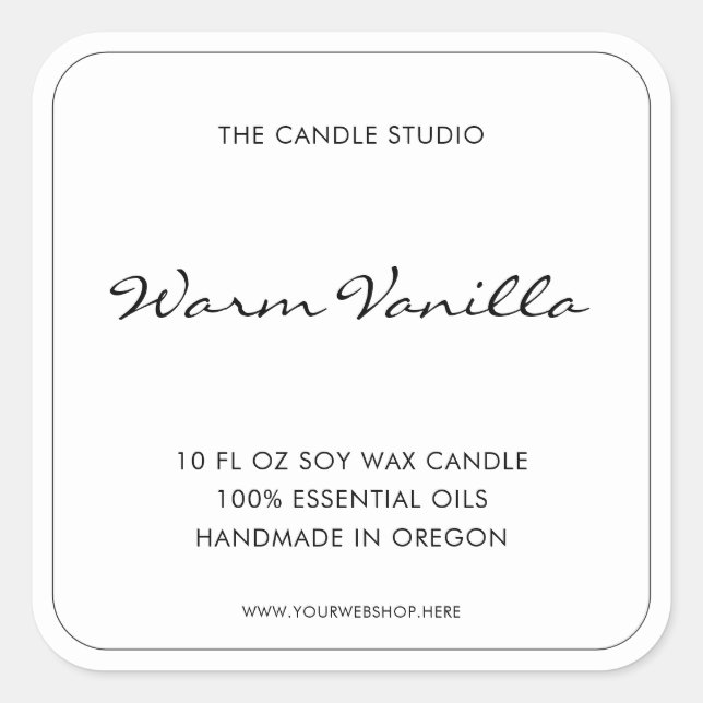 Modern Elegant Script Black White Packaging Candle Square Sticker (Front)