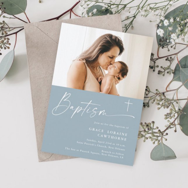 Modern Elegant Script Blue Boys Photo Baptism Invitation (Modern Elegant Script Photo Baptism Invitation.)