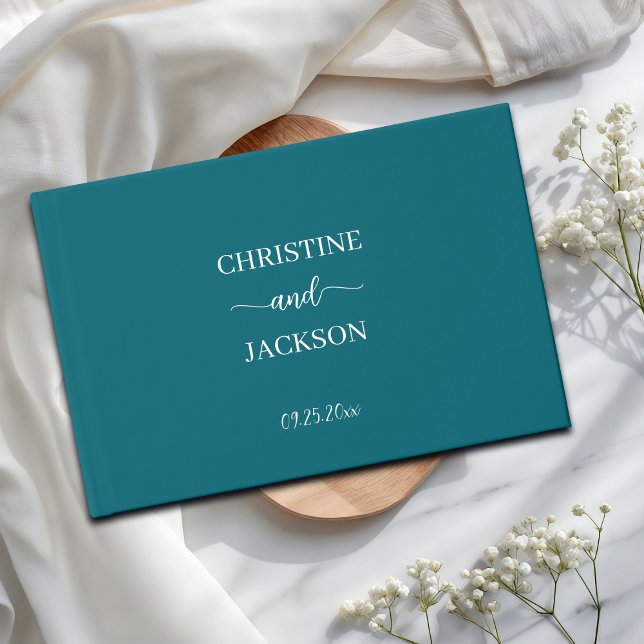 Modern Elegant Script Blue Teal Wedding Silver Guest Book (Creator Uploaded)