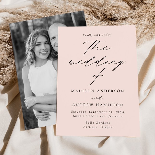 Modern Elegant Script Blush Photo Wedding Invitation (Creator Uploaded)