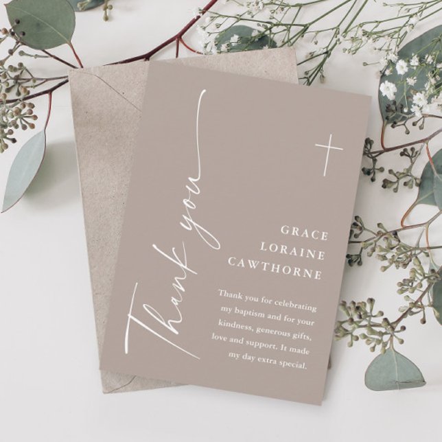 Modern Elegant Script Boho Baptism Thank You Card (Modern script tan baptism thank you cards.)