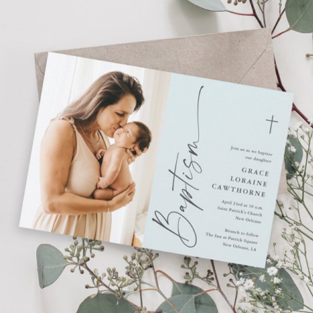 Modern Elegant Script Boys Photo Baptism Invitation (Modern script photo boys baptism invitations.)