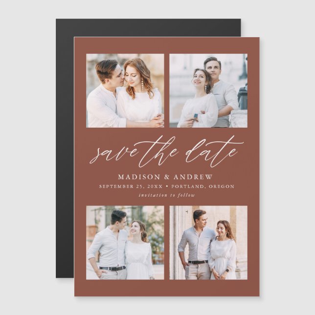 Modern Elegant Script Brown 4 Photo Save The Date Magnetic Invitation (Front/Back)