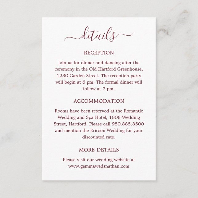 Modern Elegant Script Burgundy Red Wedding Details Enclosure Card (Front)