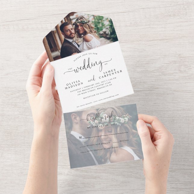 Modern Elegant Script Calligraphy 2 Photo Wedding All In One Invitation (Tearaway)