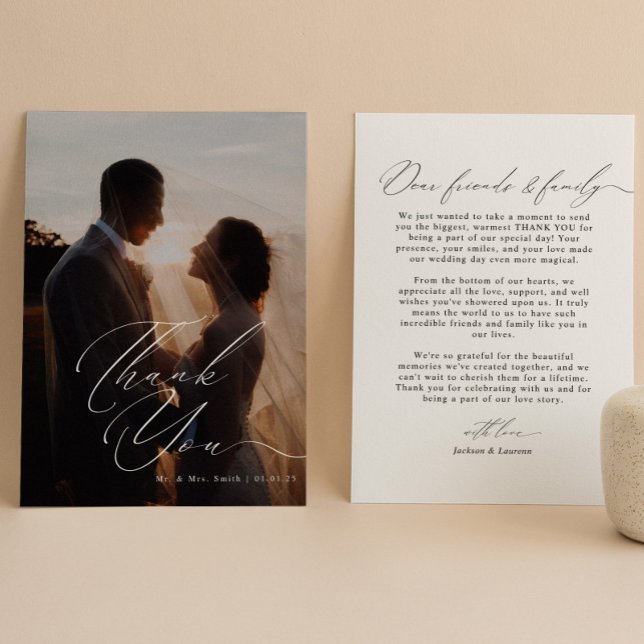Modern Elegant Script Calligraphy Photo Wedding Thank You Card (Creator Uploaded)