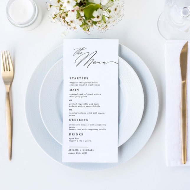 Modern Elegant Script Calligraphy Wedding Dinner Menu (Creator Uploaded)