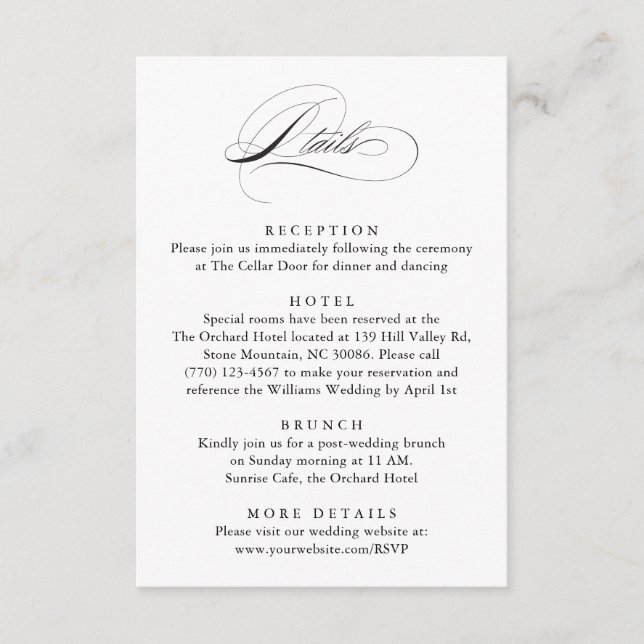 Modern Elegant Script Classic Wedding Details Enclosure Card (Front)