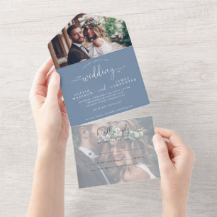 Modern Elegant Script Dusty Blue 2 Photo Wedding All In One Invitation