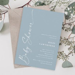 Modern Elegant Script Dusty Blue Baby Shower Invitation