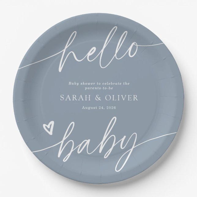 Modern Elegant Script Dusty Blue Baby Shower Paper Plate (Front)