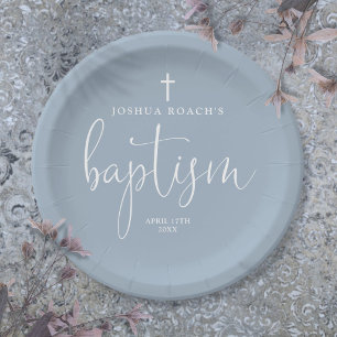 Modern Elegant Script Dusty Blue Baptism Paper Plate
