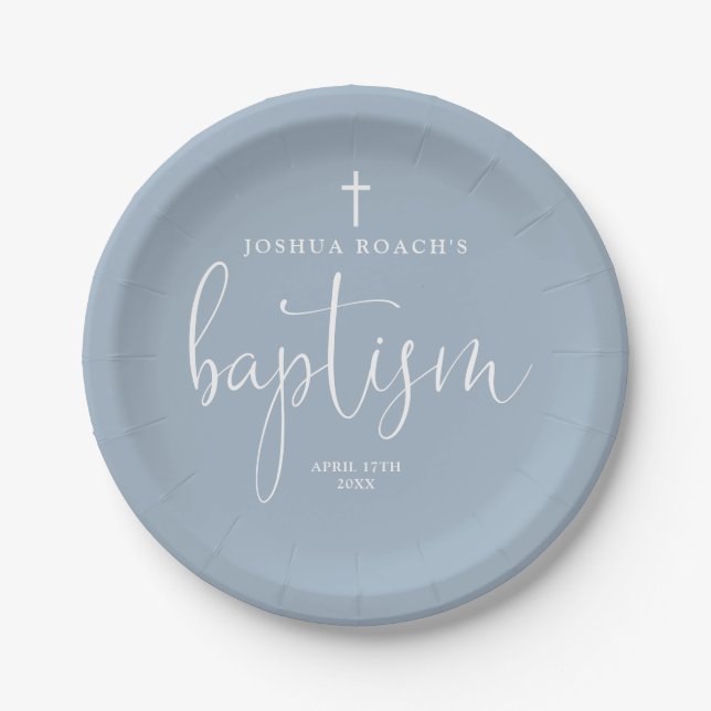 Modern Elegant Script Dusty Blue Baptism Paper Plate (Front)