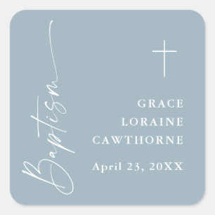 Modern Elegant Script Dusty Blue Boys Baptism Square Sticker