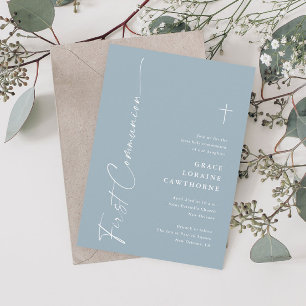 Modern Elegant Script Dusty Blue First Communion Invitation