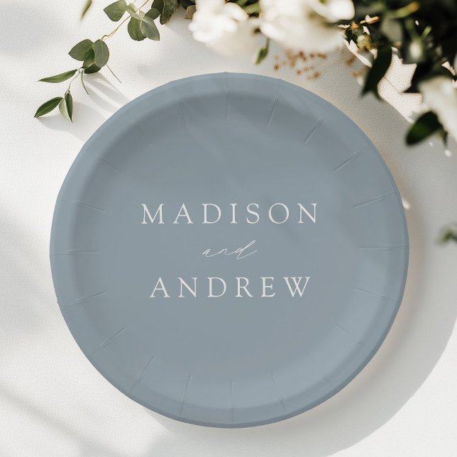 Modern Elegant Script Dusty Blue Wedding Paper Plate (Creator Uploaded)