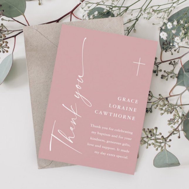 Modern Elegant Script Dusty Pink Girls Baptism Thank You Card (Modern Script Dusty Pink Girls Baptism Thank You Cards.)