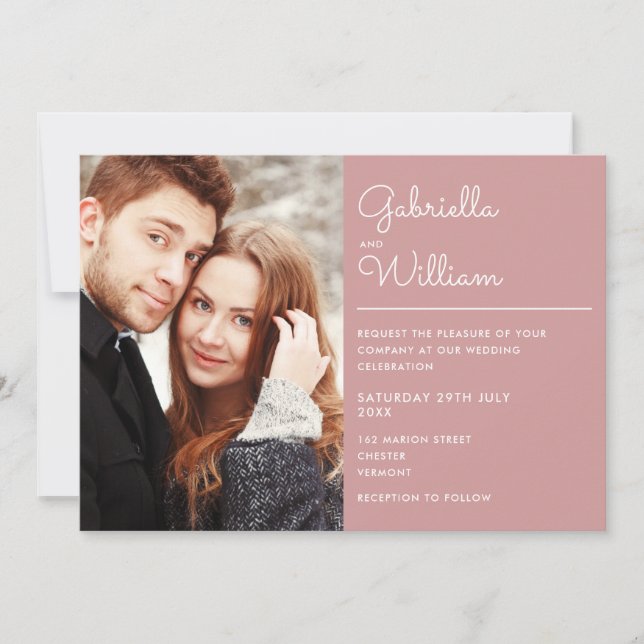 Modern Elegant Script Dusty Rose Photo Wedding Invitation (Front)