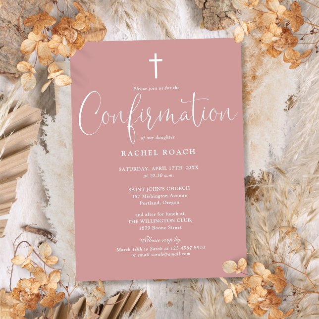 Modern Elegant Script Dusty Rose Pink Confirmation Invitation (Modern Elegant Script Dusty Rose Pink Confirmation Invitation)