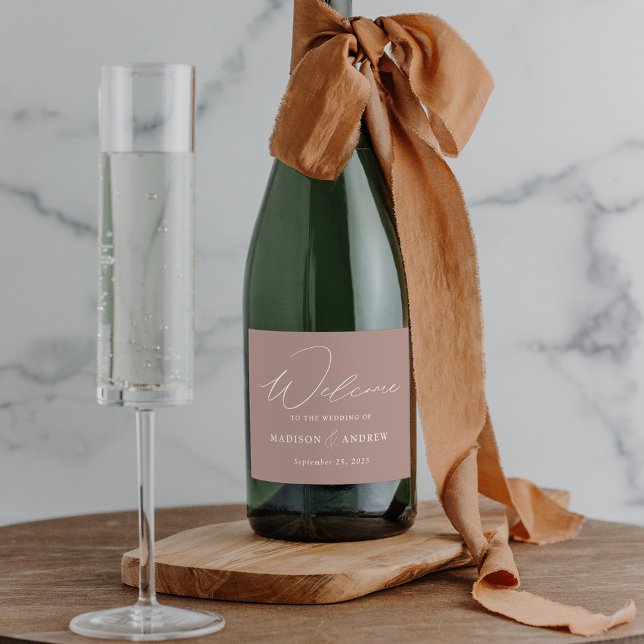 Modern Elegant Script Dusty Rose Wedding Sparkling Wine Label (Creator Uploaded)