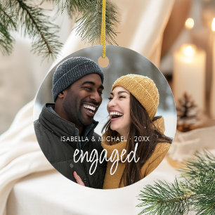 Modern Elegant Script Engaged Couple Photo Ceramic Ornament