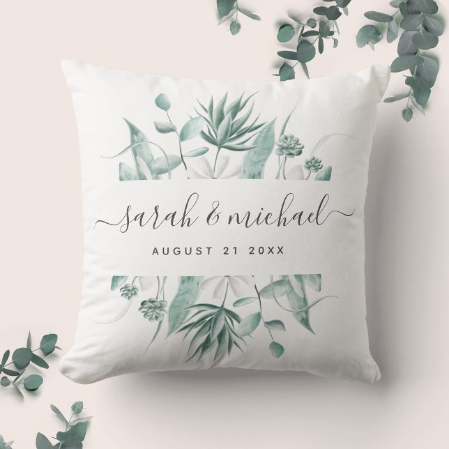 Modern Elegant Script Eucalyptus Greenery Wedding Throw Pillow (Creator Uploaded)