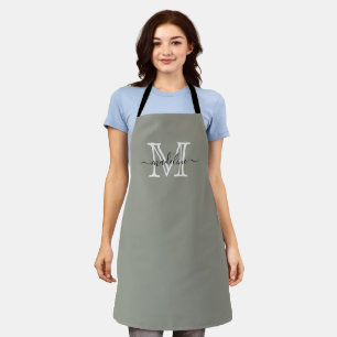 Modern Elegant Script Evergreen Fog Monogram Apron